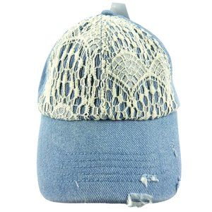 Distressed Denim Womens Baseball Hat Cap w/ Lace Overlay Adjustable New